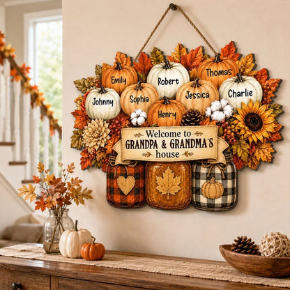 "Welcome To Grandpa & Grandma's House" Personalized Fall Wood Sign - Custom Gift for Grandparents