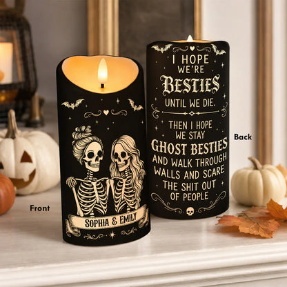 Personalized flameless candle with skeleton ghost besties design and custom names for best friends gift