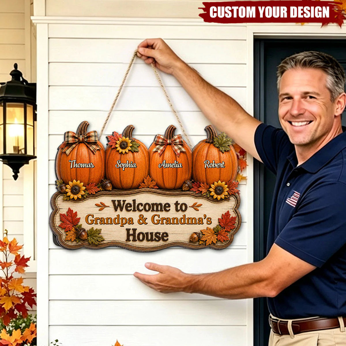 Personalized grandparents door sign featuring custom name pumpkins for a rustic fall porch welcome decor image 7