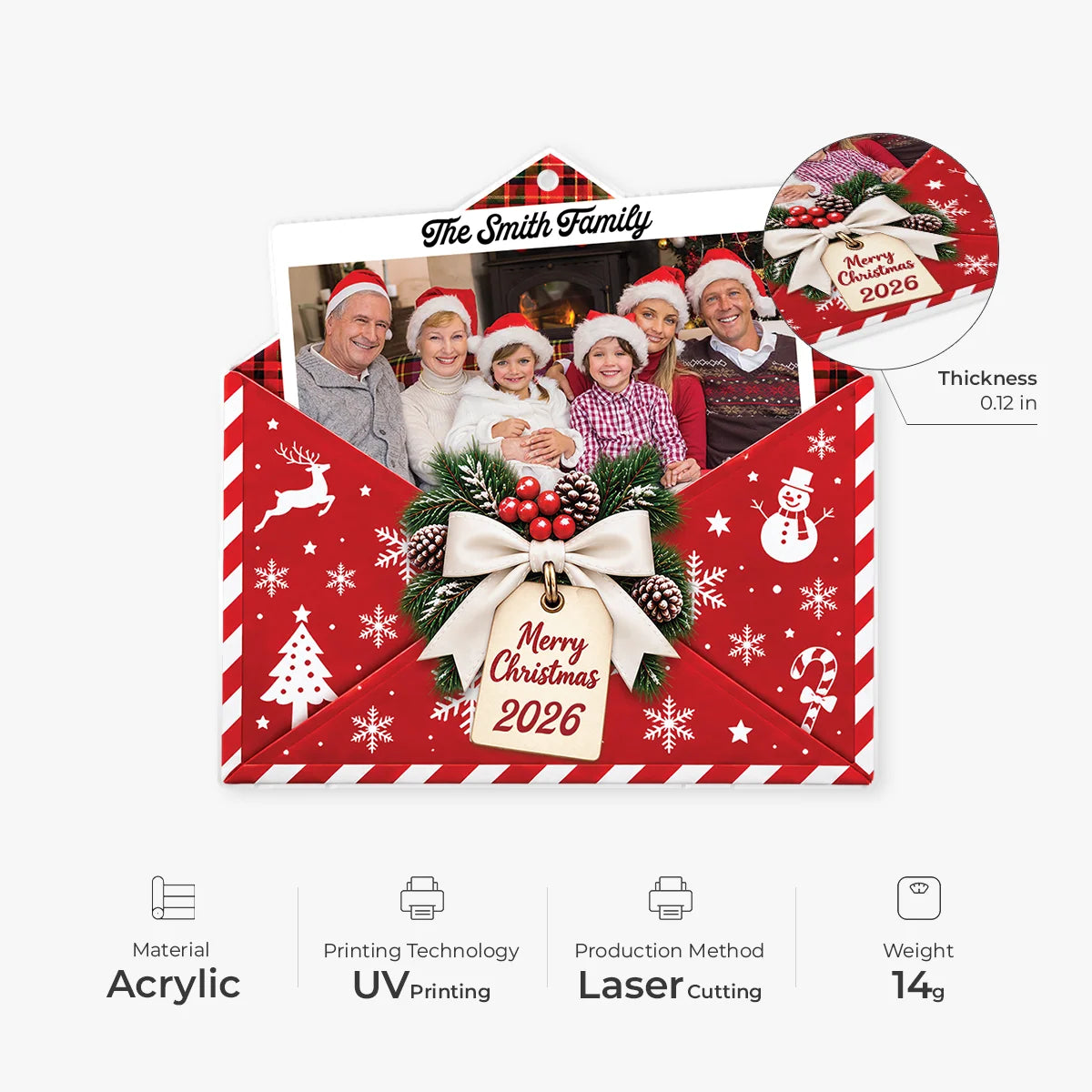 Merry Christmas Envelope Photo Personalized Acrylic Ornament - Holiday Keepsake Gift for Family