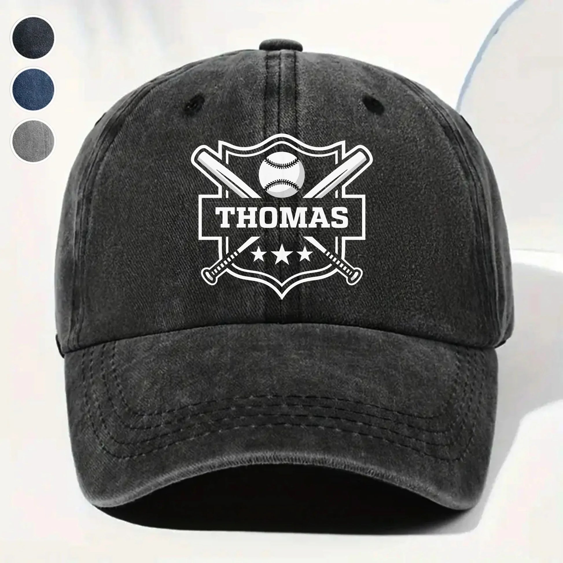 Personalized baseball washed denim cap with custom name shield design - baseball hat gift for dad