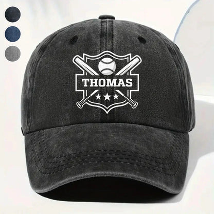 Personalized baseball washed denim cap with custom name shield design - baseball hat gift for dad