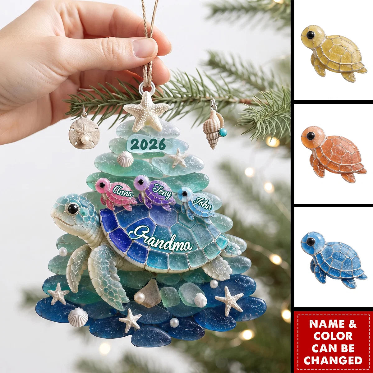 Personalized Turtle Grandma Acrylic Ornament - Custom Sea Turtle Family Christmas Keepsake