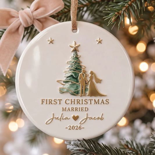 First Christmas Married Personalized Ceramic Ornament - Custom Couple Wedding Gift Keepsake