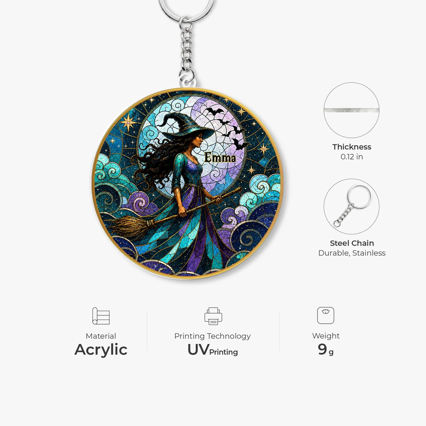 Personalized Moonlit Witch Acrylic Keychain - Custom Halloween Gift for Her