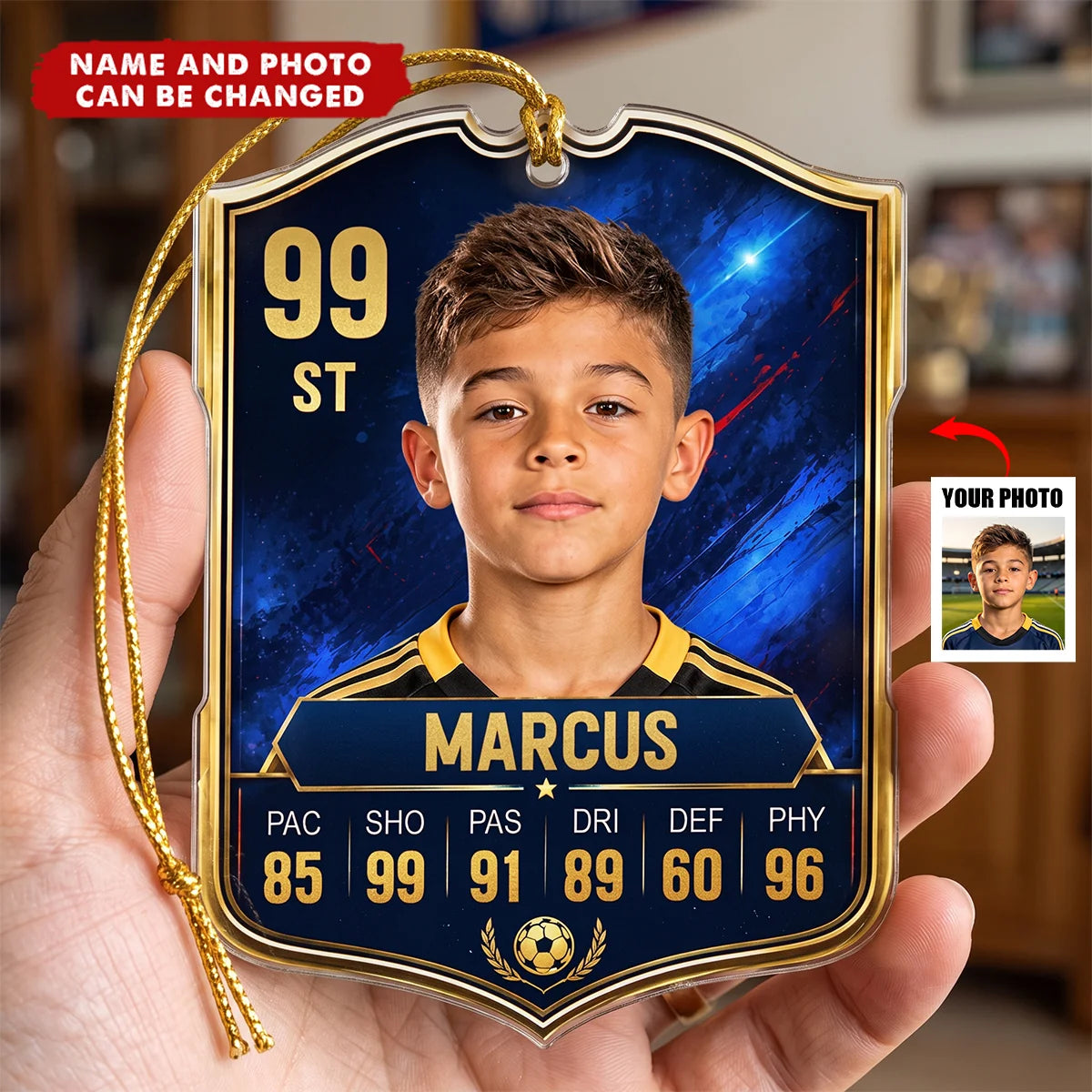 Soccer Card Custom Photo & Stats – Personalized Acrylic Ornament for Son, Christmas Gift
