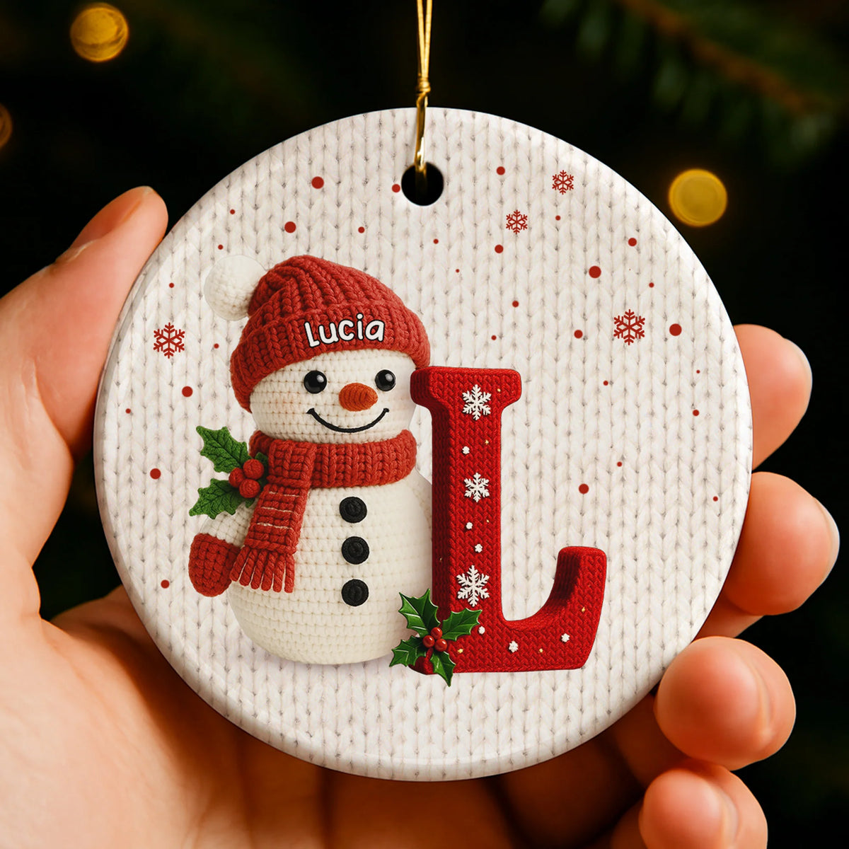 Personalized Snowman Ornament, Holly And Snowflakes