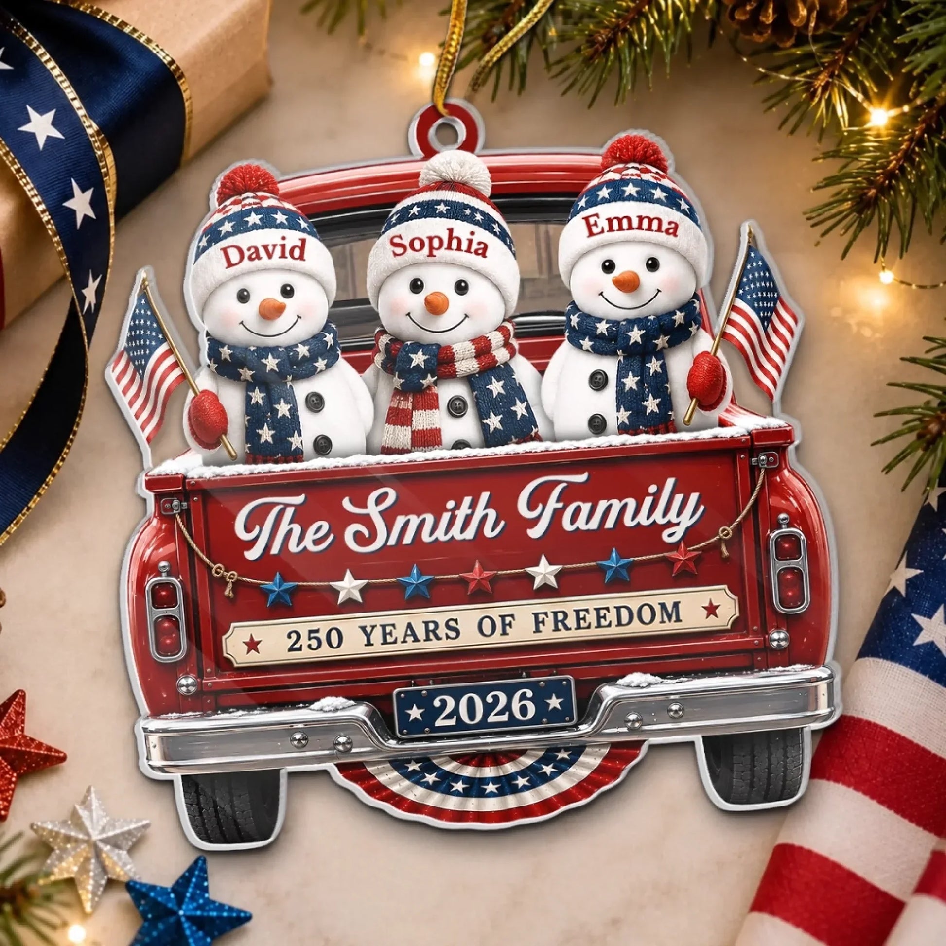 250 Years of Freedom Patriotic Family Truck - Personalized Christmas Acrylic Ornament Gift for Family