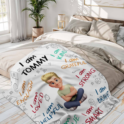 "I Am Enough, Brave & Strong" Personalized Kids Affirmation Blanket - Custom Gift for Boys & Girls