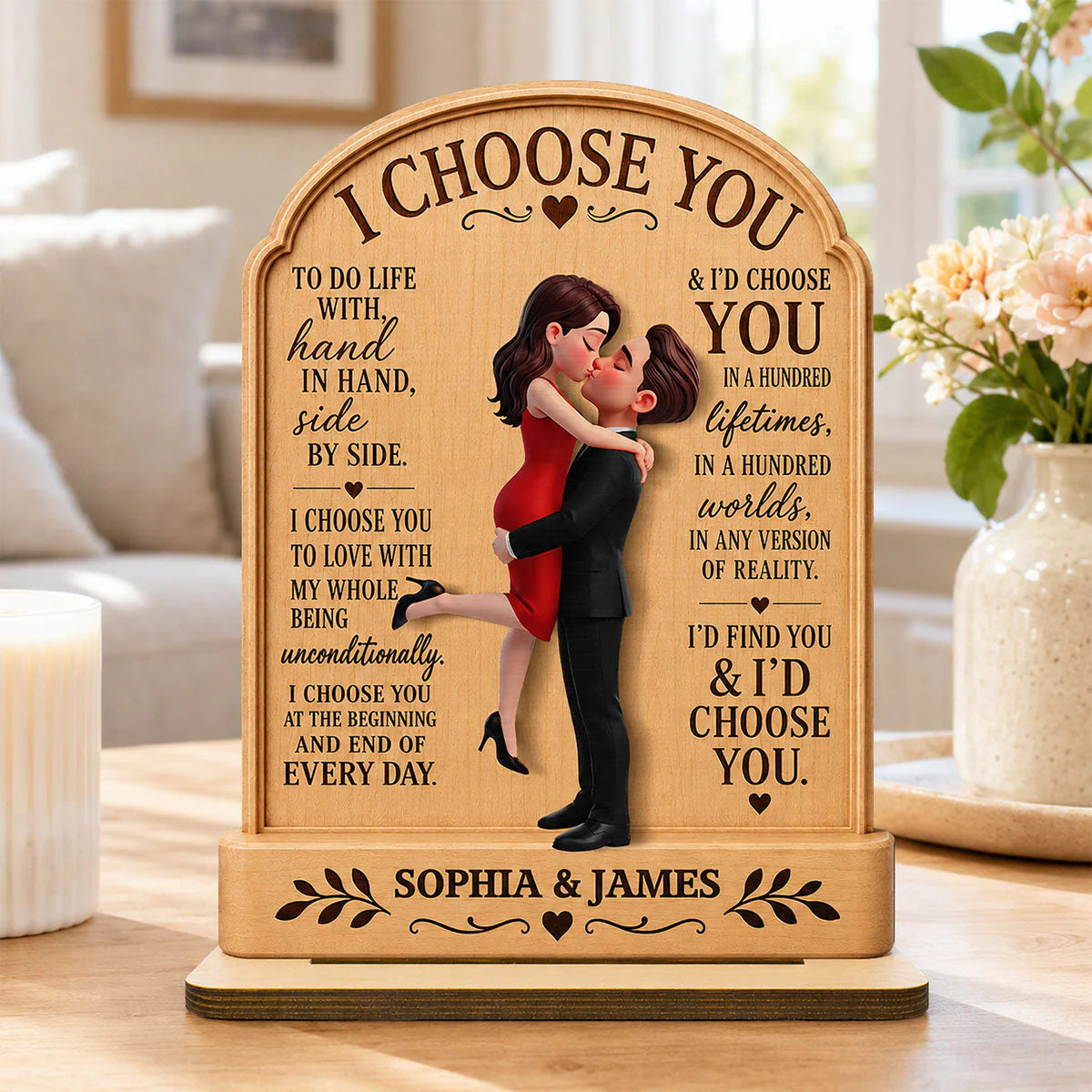 Personalized anniversary wooden plaque with custom couple hugging and kissing design for husband or wife
