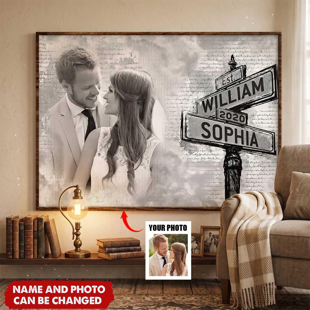 Custom Photo Street Sign Couple Canvas / Poster - Personalized Anniversary Wedding Wall Art Gift