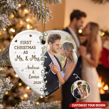 First Christmas Married Photo Ceramic Ornament - Custom Mr & Mrs Christmas Together Gift