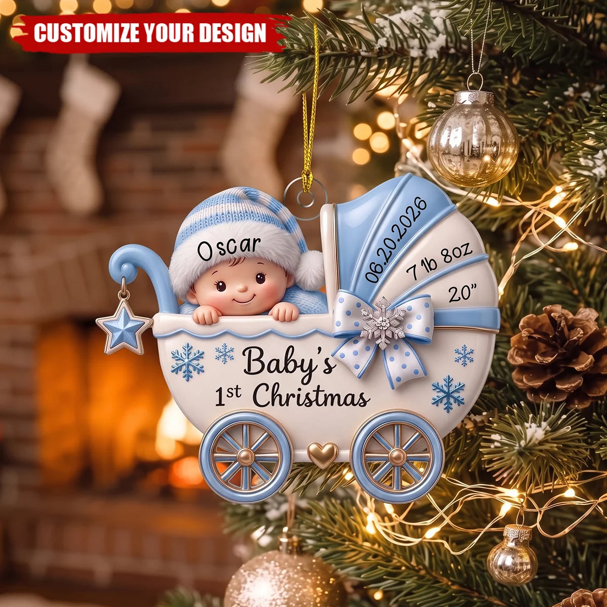 "Baby's 1st Christmas" Personalized Stroller Acrylic Ornament - Keepsake for New Parents