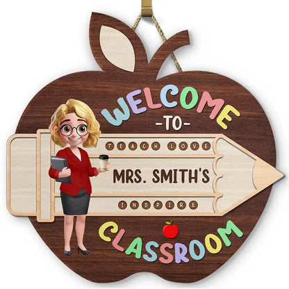 Personalized teacher apple sign with custom name and avatar for classroom door hanger