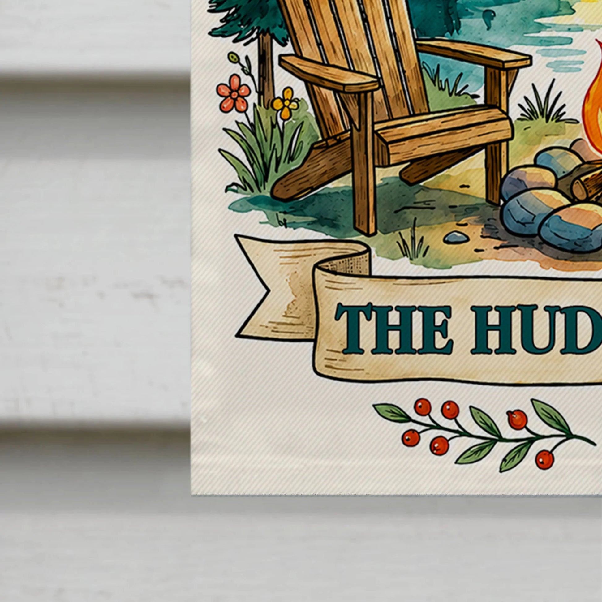 Custom Camping Family Name Flag featuring a scenic mountain lake and campfire design for outdoor yard decor image 7