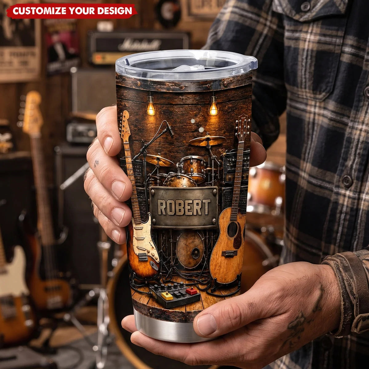 Custom Name Music Studio Tumbler - Personalized Guitar & Drummer Travel Mug for Music Lovers