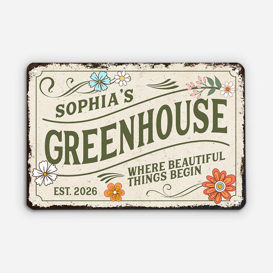 Personalized garden metal sign with custom name and vintage floral design, unique gift for gardeners and plant lovers.