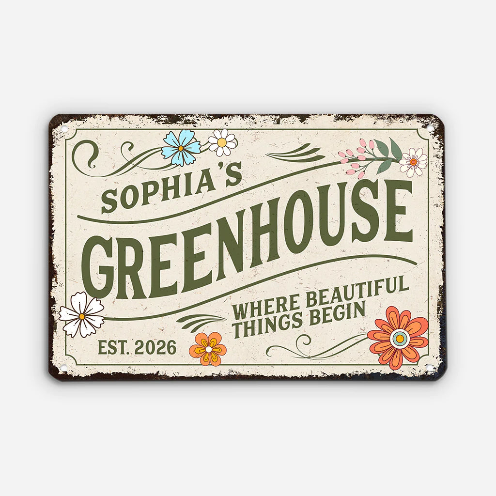 Personalized garden metal sign with custom name and vintage floral design, unique gift for gardeners and plant lovers.