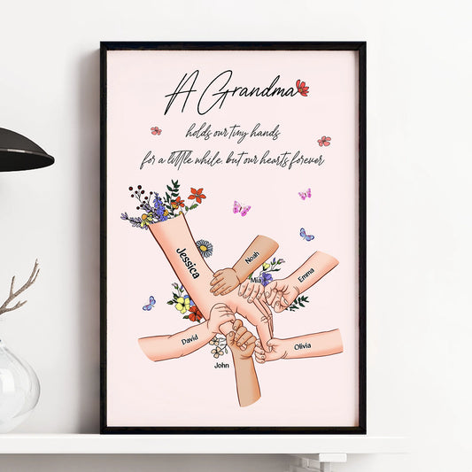 Grandma Holds Our Tiny Hands Personalized Canvas / Poster - Custom Grandkids Names Wall Art Gift