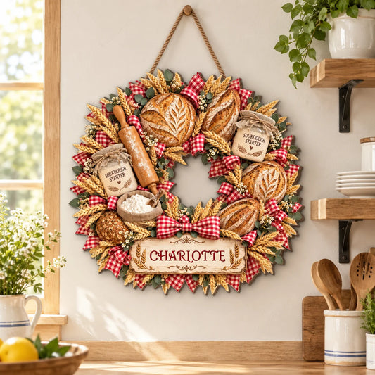 Sourdough Starter Baker Wreath Personalized Wood Sign - Farmhouse Kitchen Decor for Sourdough Lovers