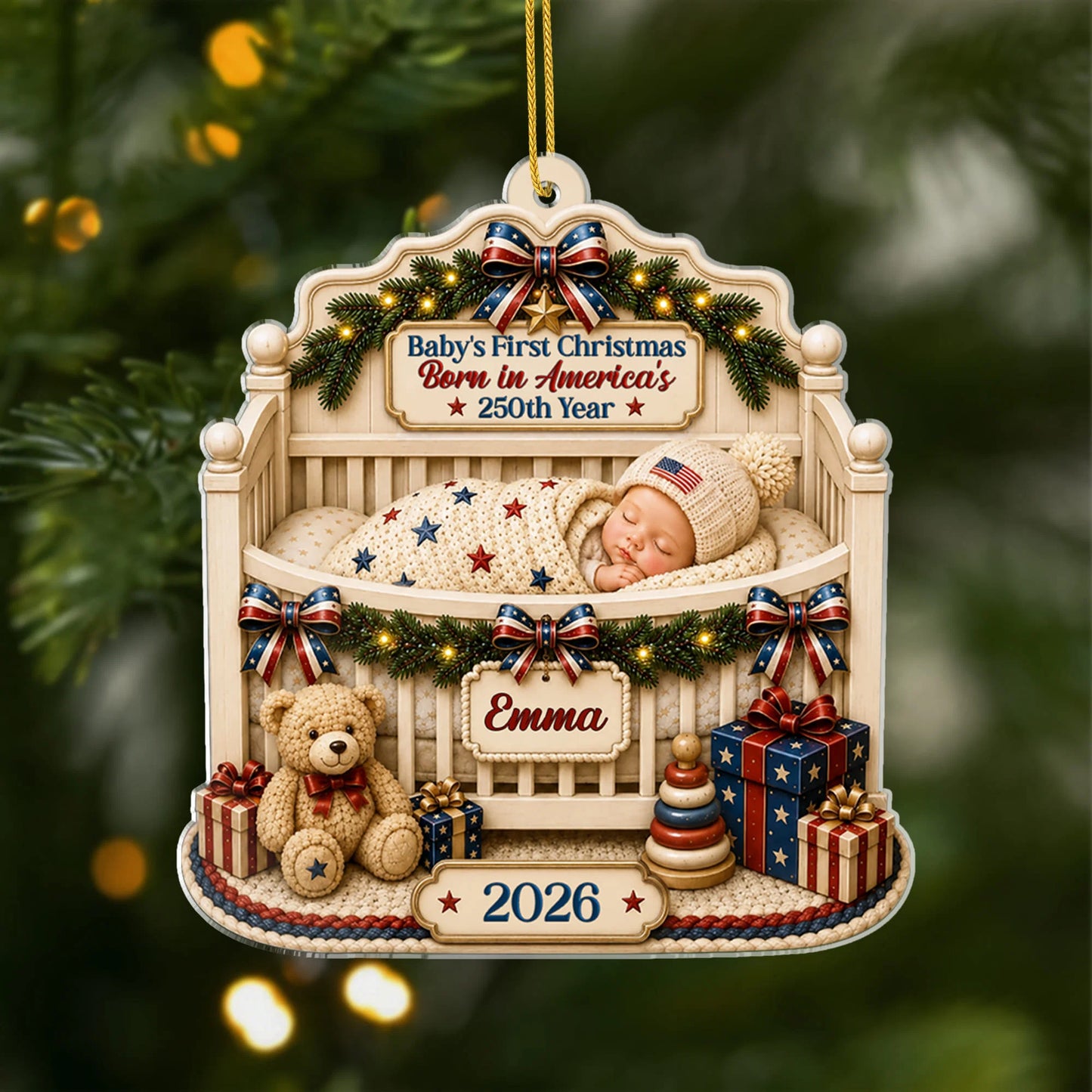 "Baby's First Christmas Born in America's 250th Year" - Personalized Acrylic Ornament Gift