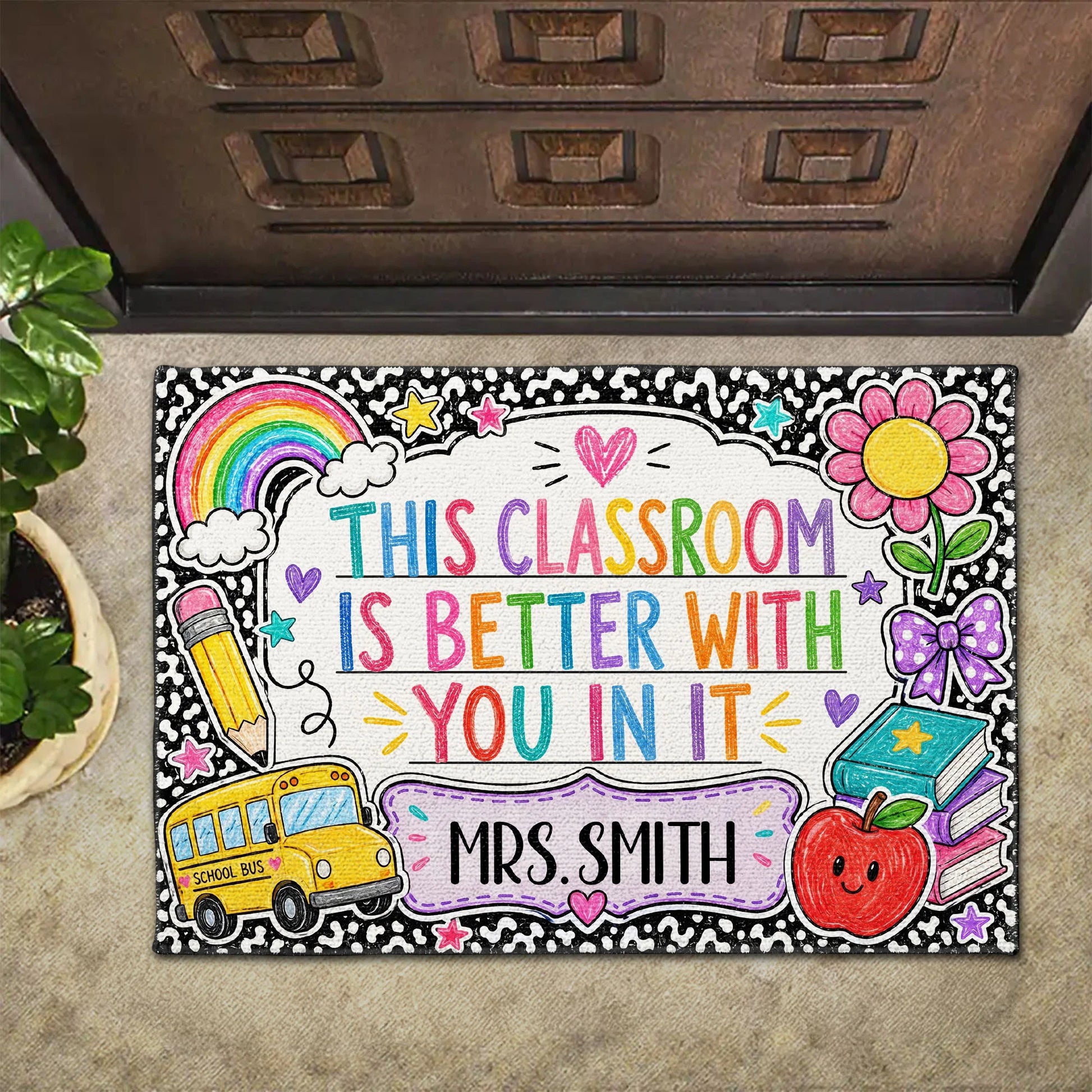 Personalized teacher doormat with vibrant rainbow and school bus graphics for classroom decor image 6