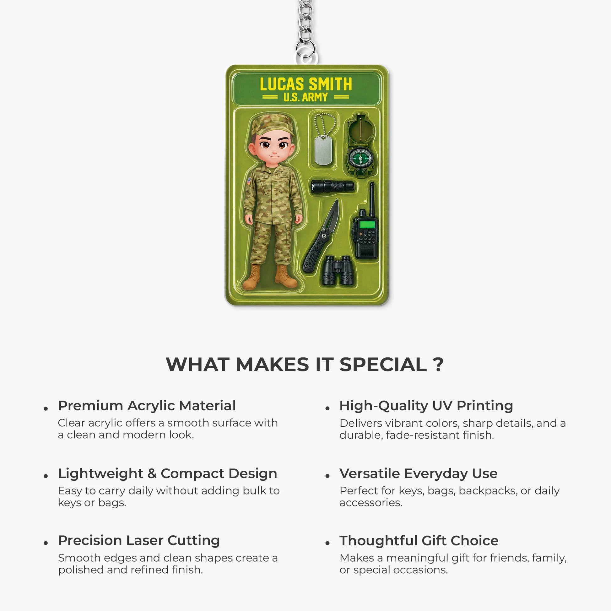 Custom Military Acrylic Keychain - Personalized U.S. Army Action Figure Gift for Soldiers
