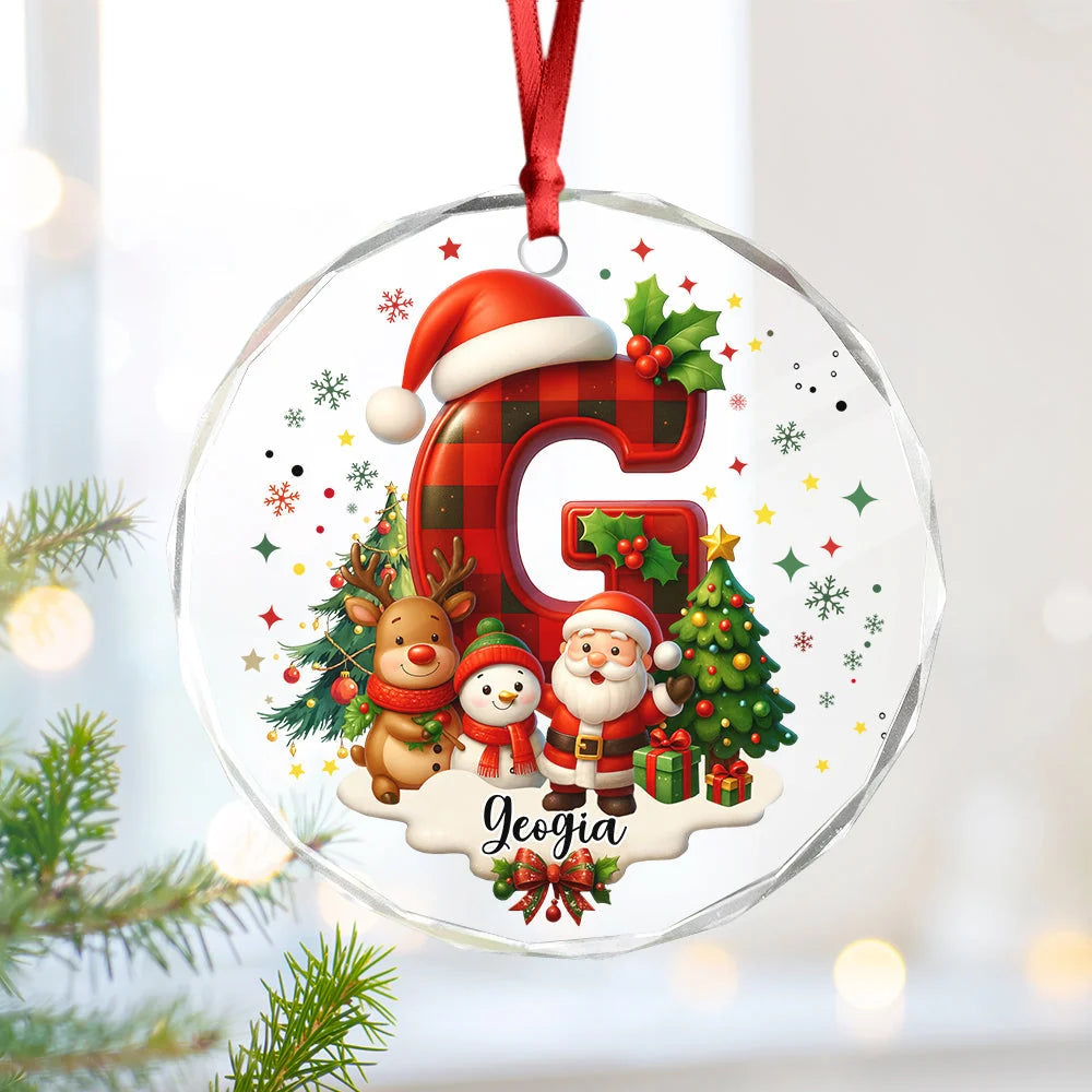 Personalized Christmas Glass Ornament with Buffalo Plaid Letter & Name - Custom Holiday Gift for Kids & Family