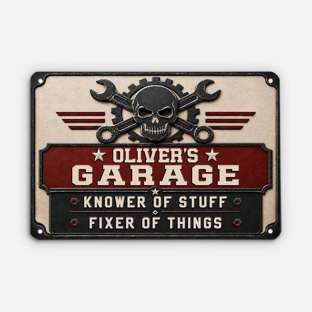 Knower of Stuff Fixer of Things Custom Metal Garage Sign - Personalized Workshop Wall Decor Gift