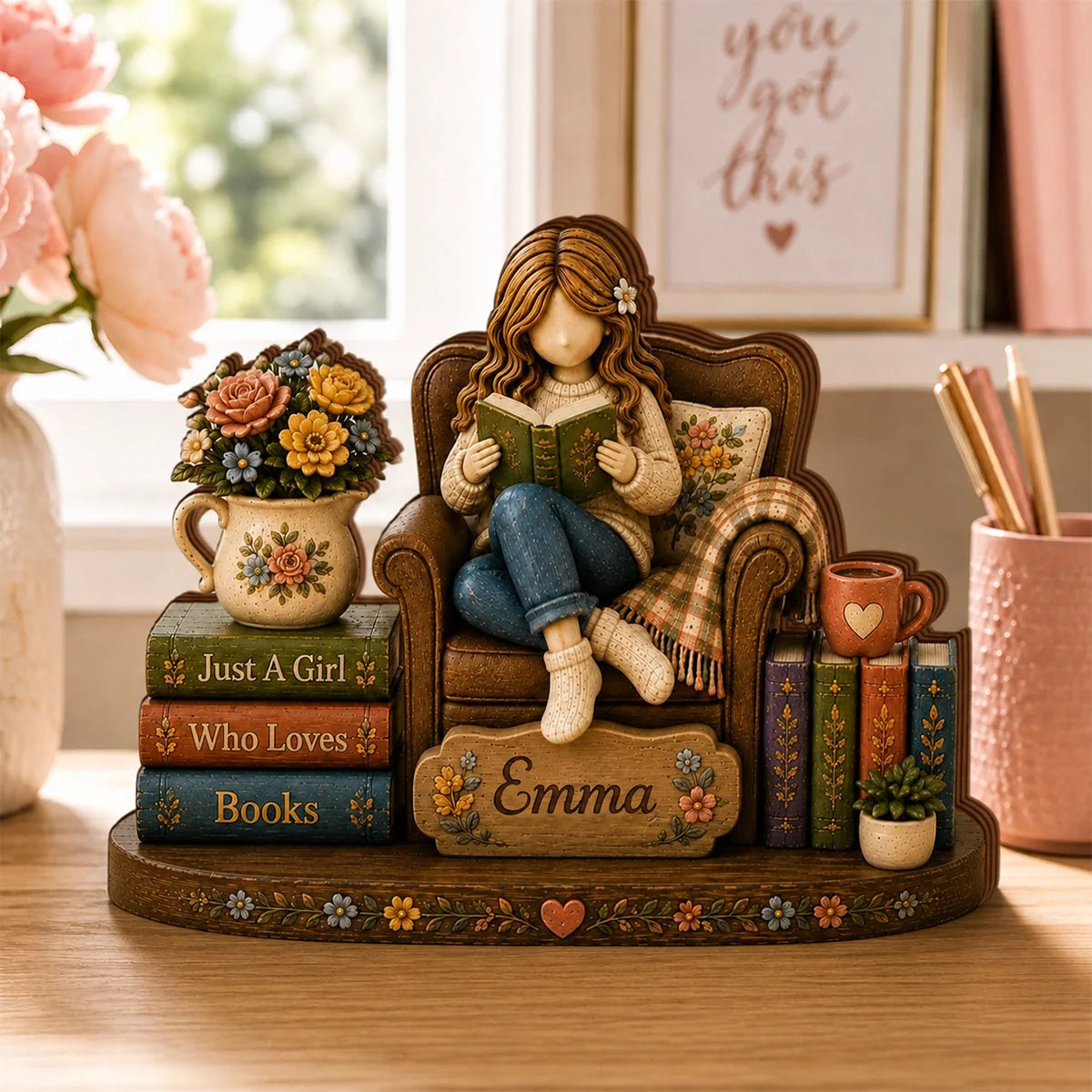 "Just A Girl Who Loves Books" Personalized Wooden Block - Custom Gift for Book Lovers