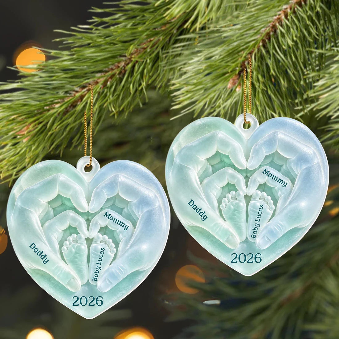 Daddy Mommy Baby Hands Heart - Personalized Acrylic Christmas Ornament for New Parents