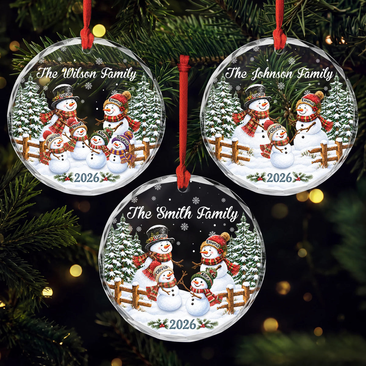 Personalized Snowman Family Glass Ornament - Custom Christmas Keepsake Gift for Family