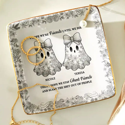 Halloween,Gift For Bestie,Old Best friends,Happy - Cute Ghost Bestie Friends Until We Die Toile De Jouy Pattern - Personalized Ring Dish