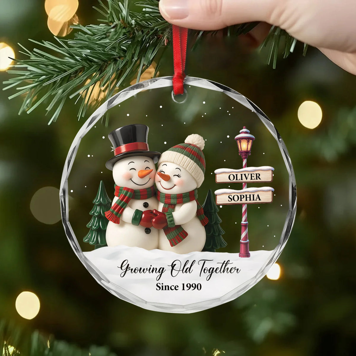 Growing Old Together Personalized Glass Ornament - Custom Snowman Christmas Gift for Couples