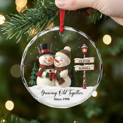 Growing Old Together Personalized Glass Ornament - Custom Snowman Christmas Gift for Couples