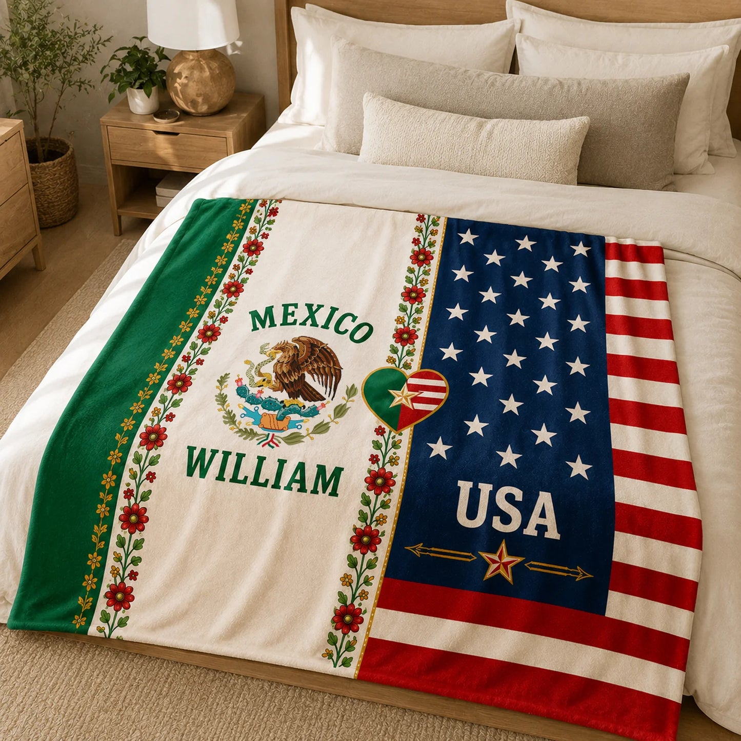 Personalized Mexican American Flag Blanket - Custom Patriotic Gift for Family