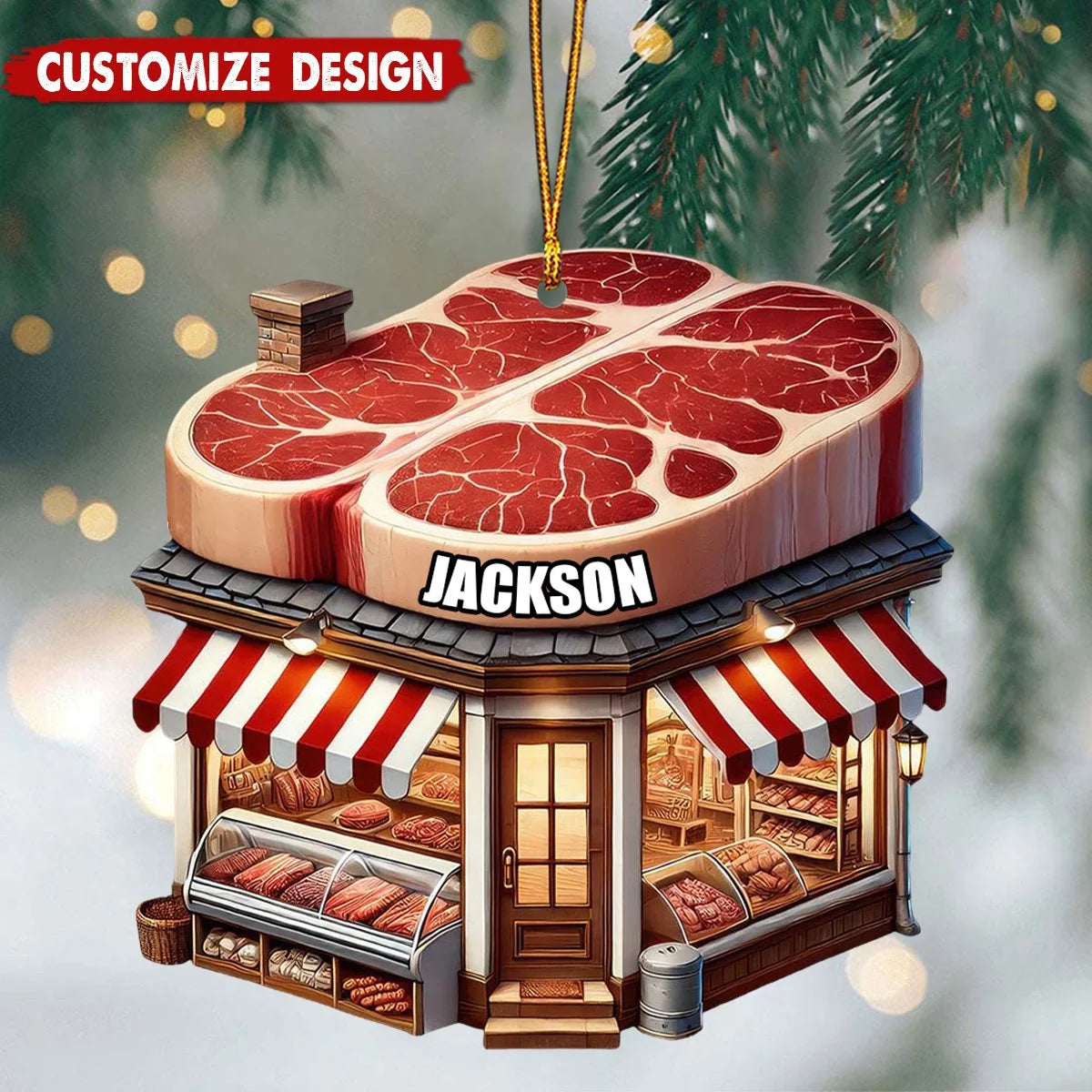 Personalized Butcher Shop Christmas Wooden Ornament - Custom Name Holiday Keepsake for Meat Lovers