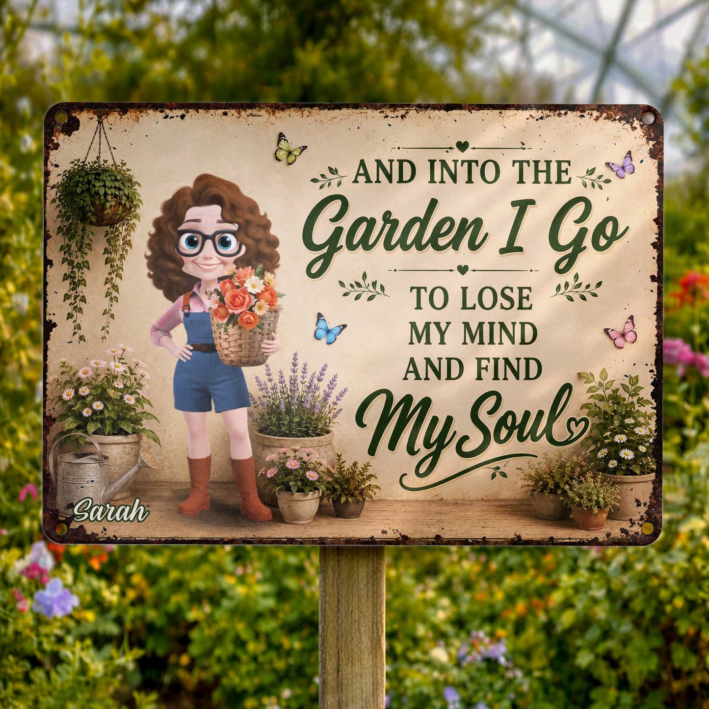 Personalized garden metal sign with cartoon woman and flowers, custom outdoor wall decor gift for mom image 6