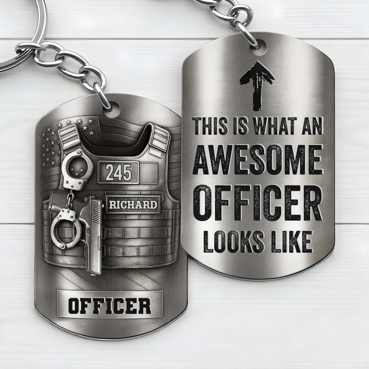 Keychain material and size view - Personalized Police Officer Keychain
