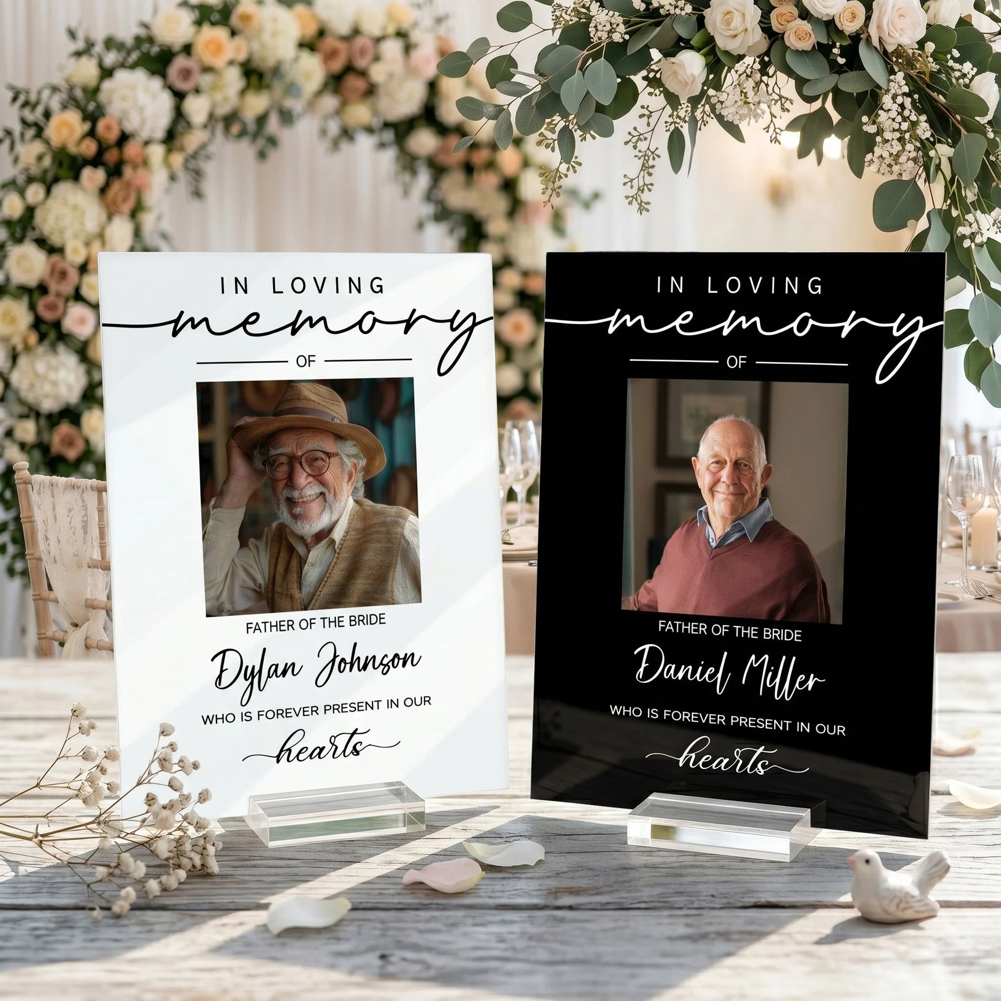 Personalized acrylic wedding memorial plaque with custom photo print for a reserved seat ceremony
