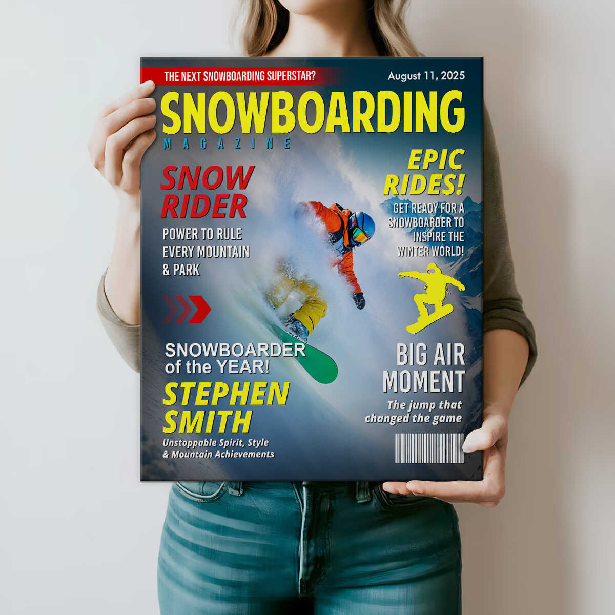 Custom snowboarding magazine cover canvas print featuring a snowboarder carving through fresh snow powder