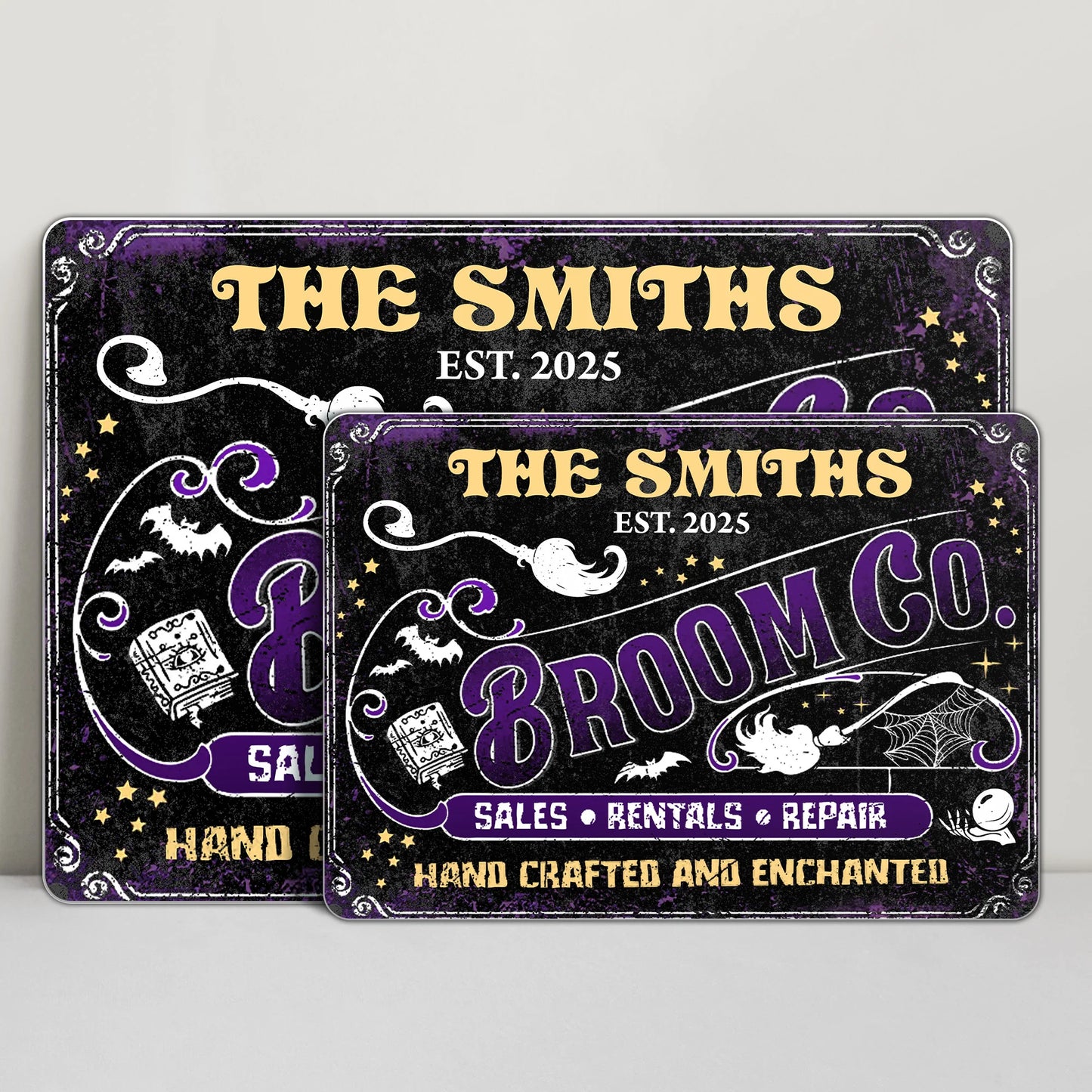Broom Co. Hand Crafted & Enchanted Personalized Metal Sign - Custom Vintage Halloween Decor for Family