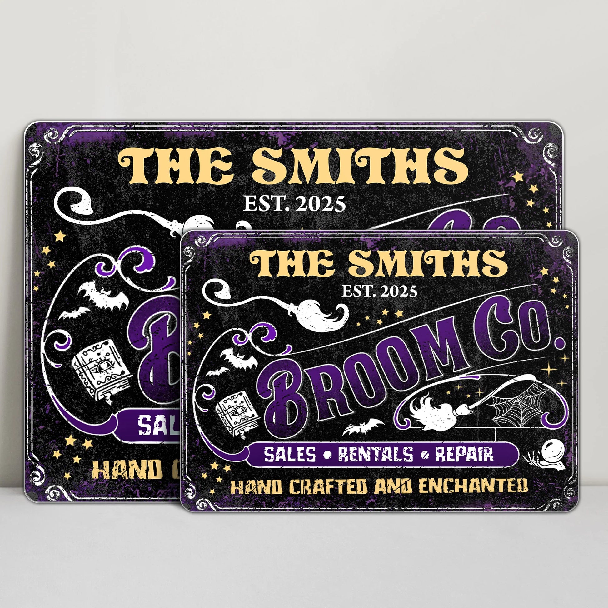 Broom Co. Hand Crafted & Enchanted Personalized Metal Sign - Custom Vintage Halloween Decor for Family