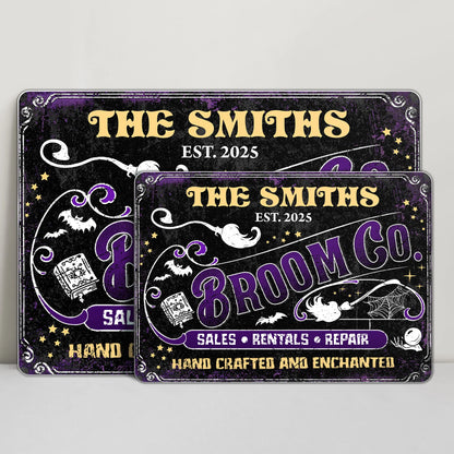 Broom Co. Hand Crafted & Enchanted Personalized Metal Sign - Custom Vintage Halloween Decor for Family