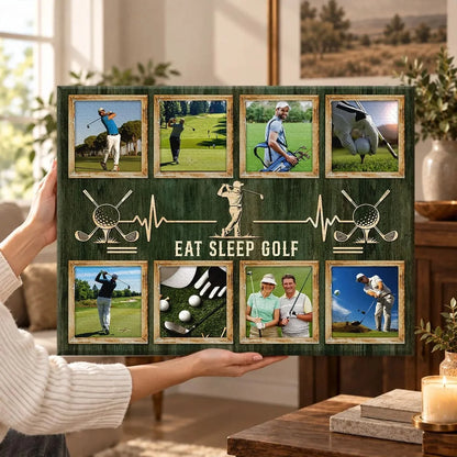 Personalized Eat Sleep Golf Photo Collage Canvas / Poster - Custom Golfer Wall Art Gift for Dad and Husband