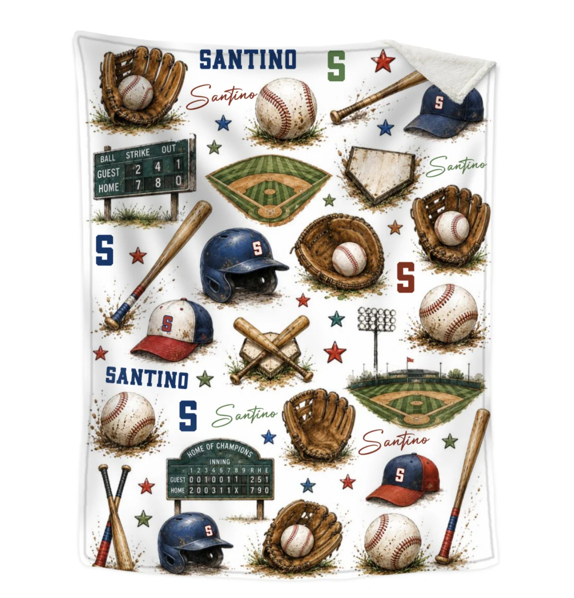 Personalized baseball blanket featuring custom boy's name and vintage sports illustrations for nursery decor image 8