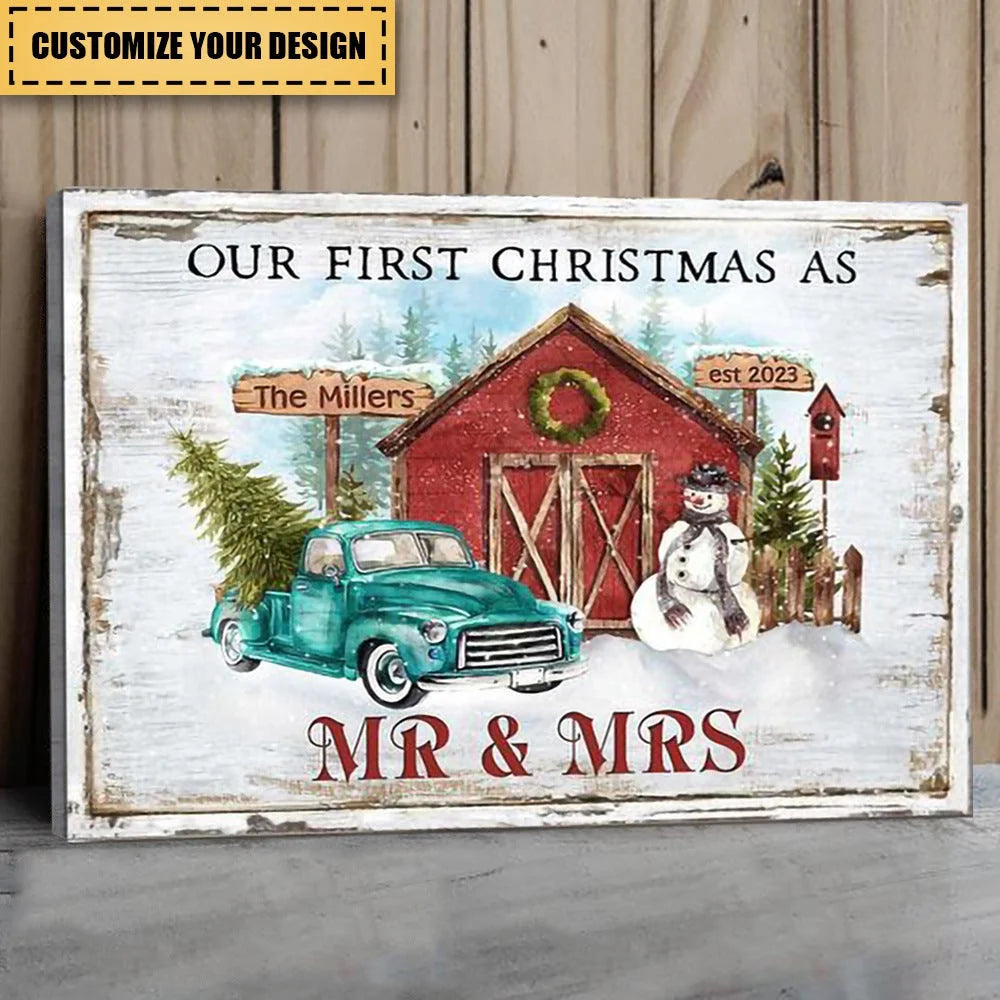 "Our First Christmas As Mr & Mrs" Personalized Canvas / Poster - Custom Newlywed Wall Art Gift