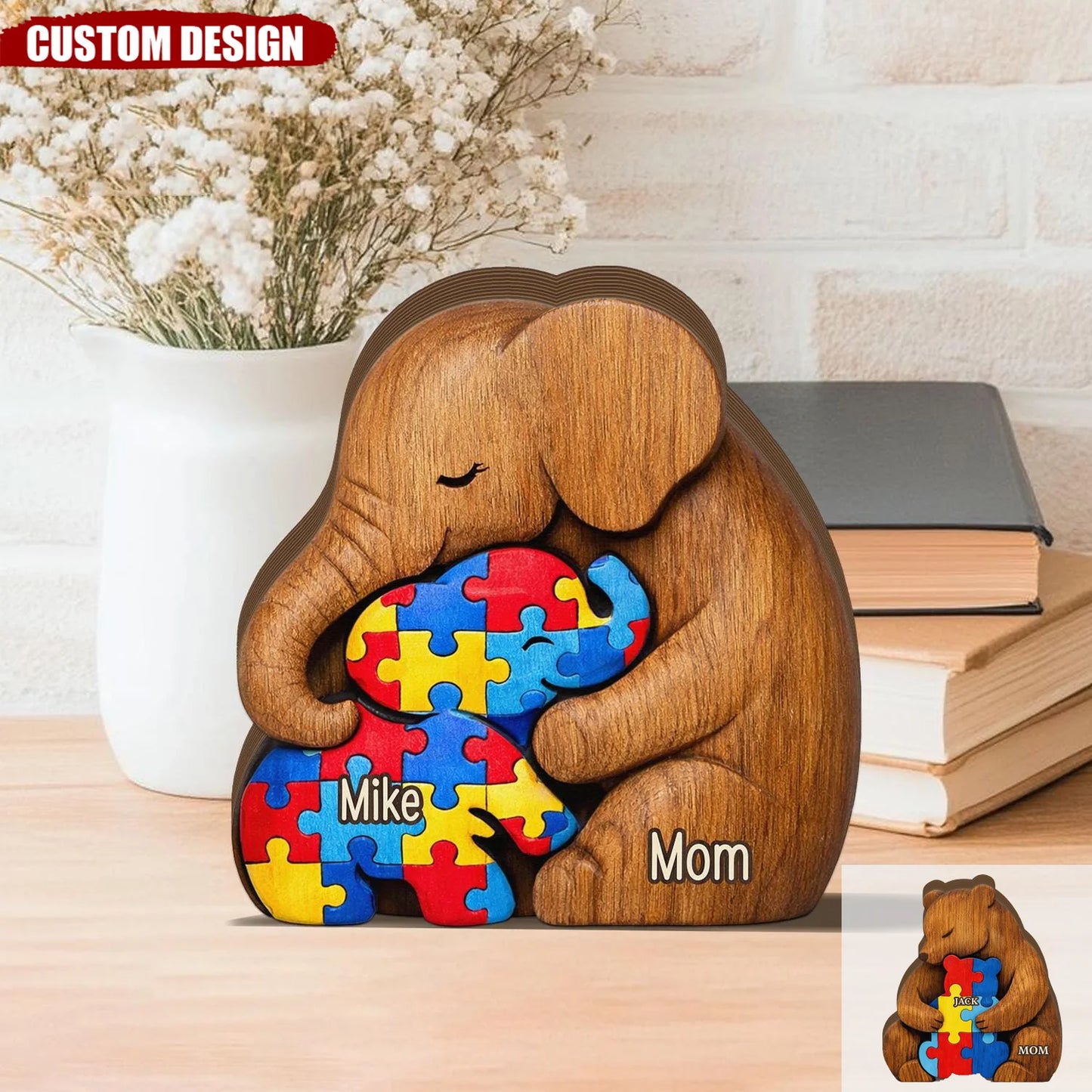 Personalized Autism Mom Elephant Bear Wooden Block - Custom Keepsake Gift