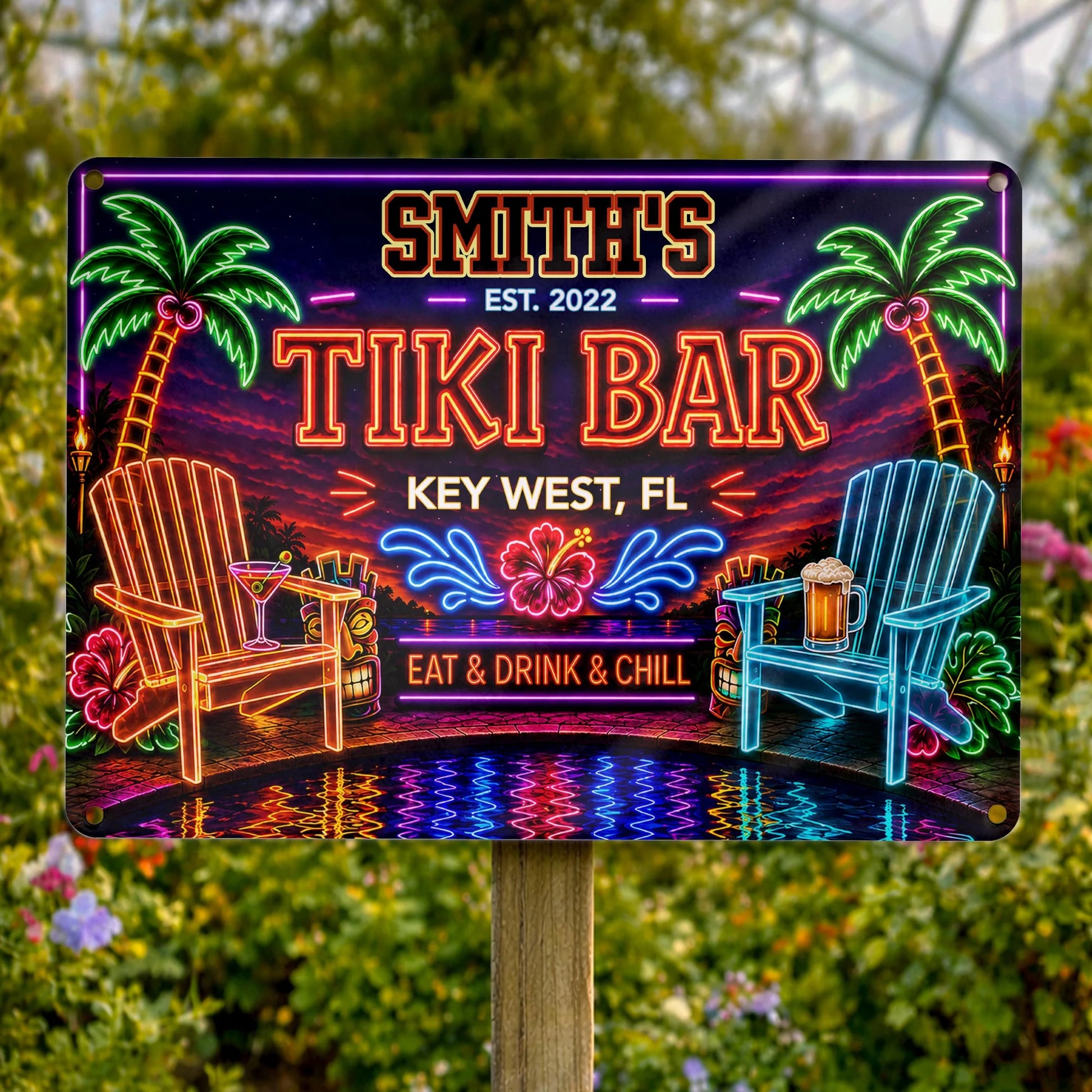 Personalized tiki bar metal sign with neon palm trees and beach chairs for outdoor patio decor image 7