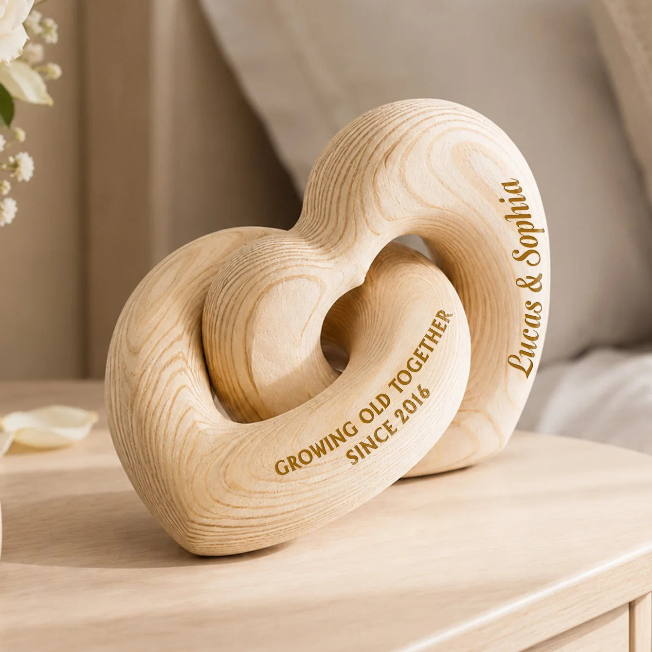 Growing Old Together Personalized Wooden Heart Sculpture - Custom Anniversary Gift for Couples